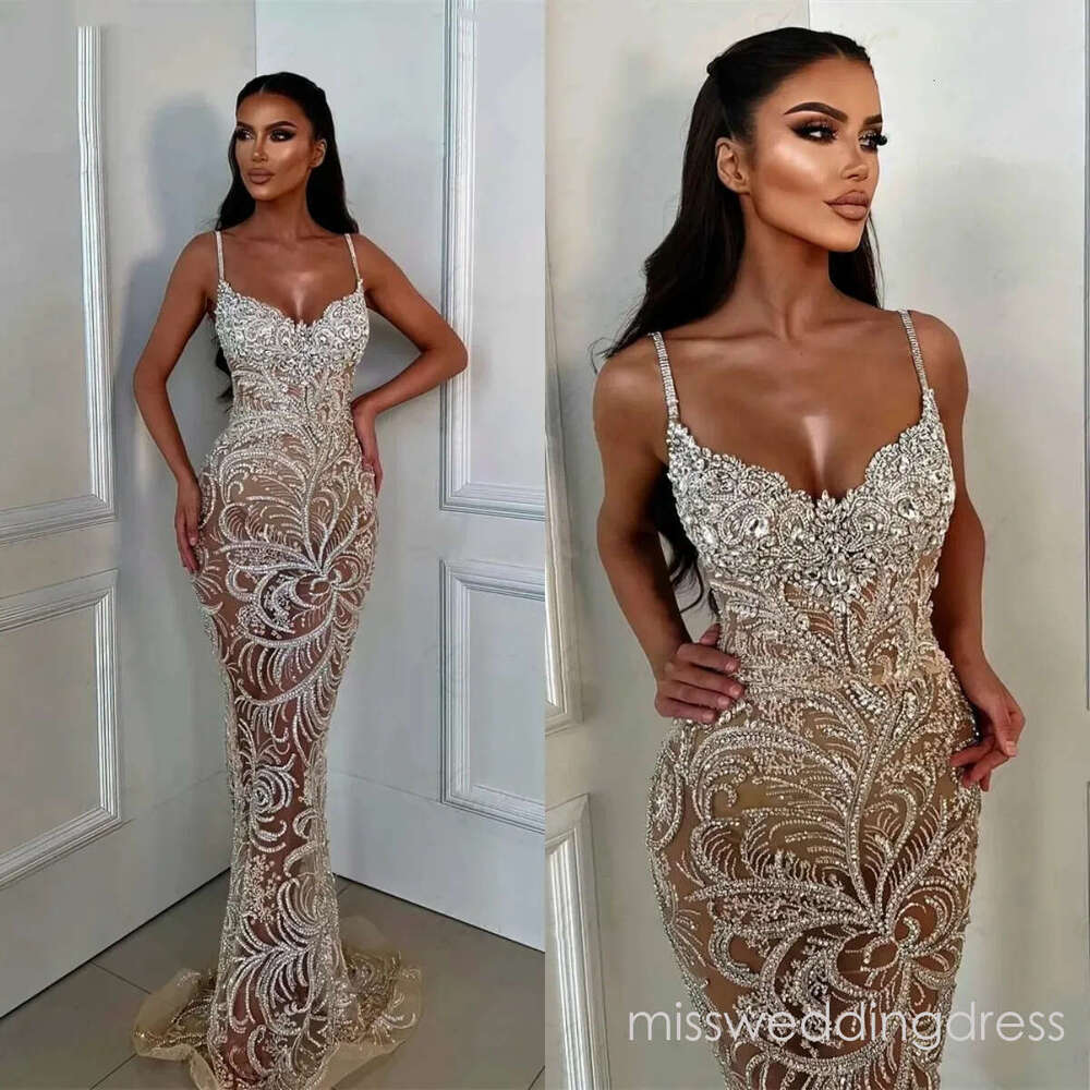Gorgeous Crystal Evening Dresses Spaghetti Straps Prom Gown See Through Mermaid Illusion Party Dress Sleeveless Customized Vestidos de noche