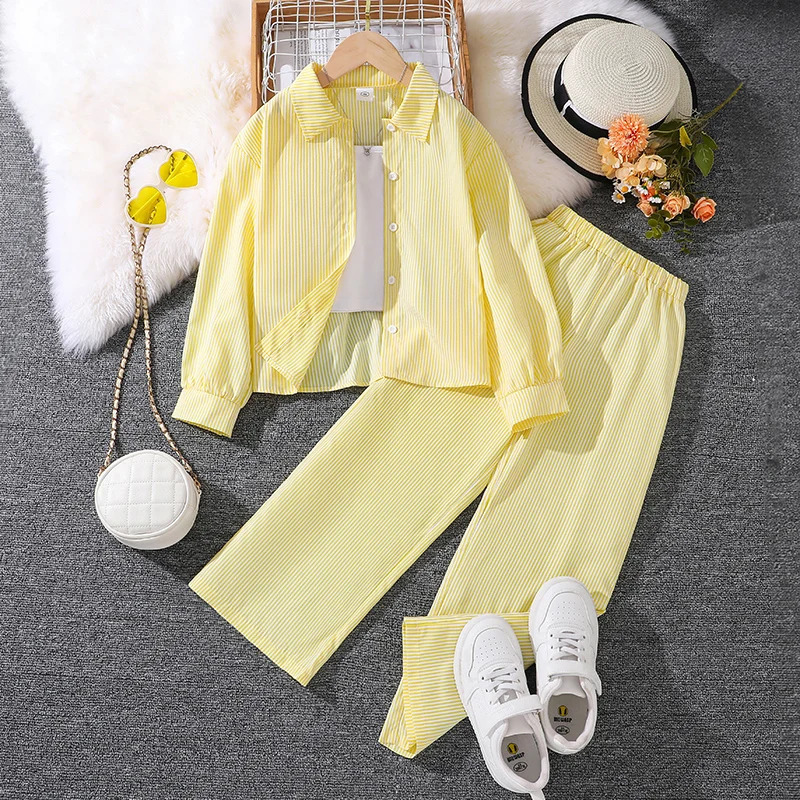 Childrens Spring Autumn 412 Years Old Girls Yellow Striped Long Sleeve Top Pants Suit Classic Simple Refreshing 260311
