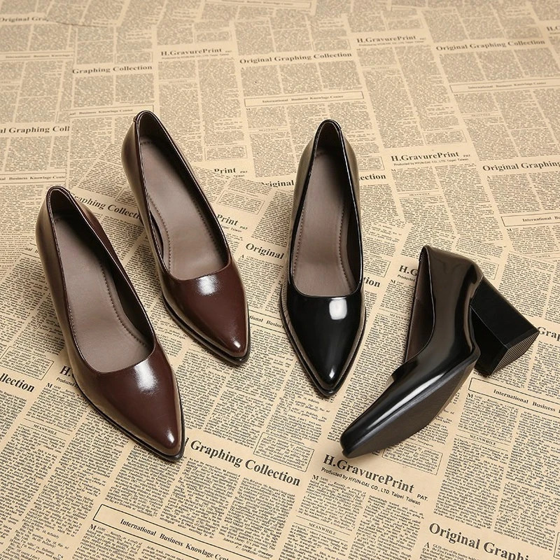 2026 Spring Women Commuter Pumps Shoes Fashion Pointed Toe Slip On Shoes Elegant Thick Heel Work Leather Shoes 260227