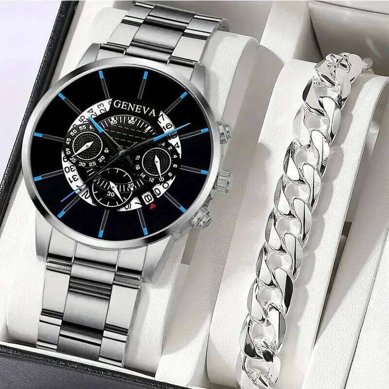 2pcs Luxury Mens Silver Quartz With Stainless Steel Bracelet Men Fashion Business Casual Watch Luminous Clock