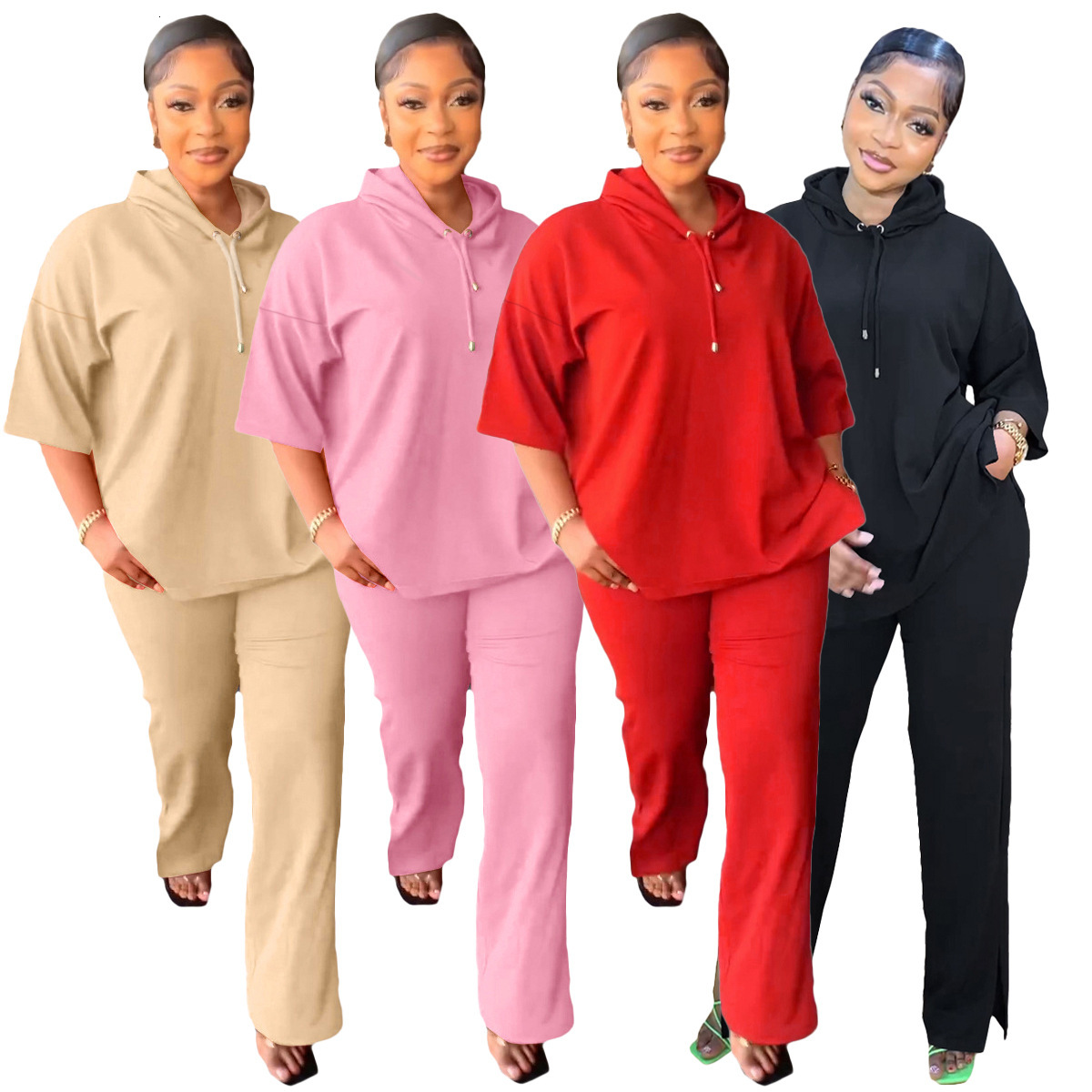 Womens Spring and Autumn Fashion Casual Loose Hooded Mid-Sleeve Split Long Pants Two-Piece Set
