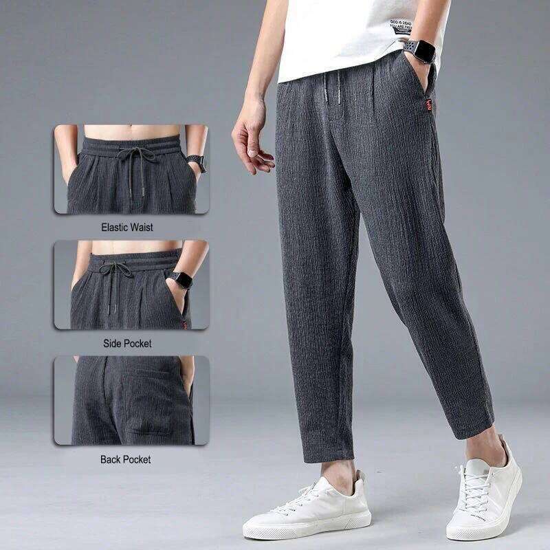 Ice Silk Man Jogger Linen Pants Casual Wide Summer Sweatpants Male Spring Lightweight Halking Harem Trousers