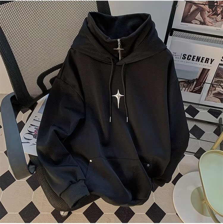 Stylish Designer Hoodie High-neck Solid Color Hooded Sweatshirt For Men And Women Trendy Loose-fitting Couple's Casual Shirt Retro Hooded Jacket