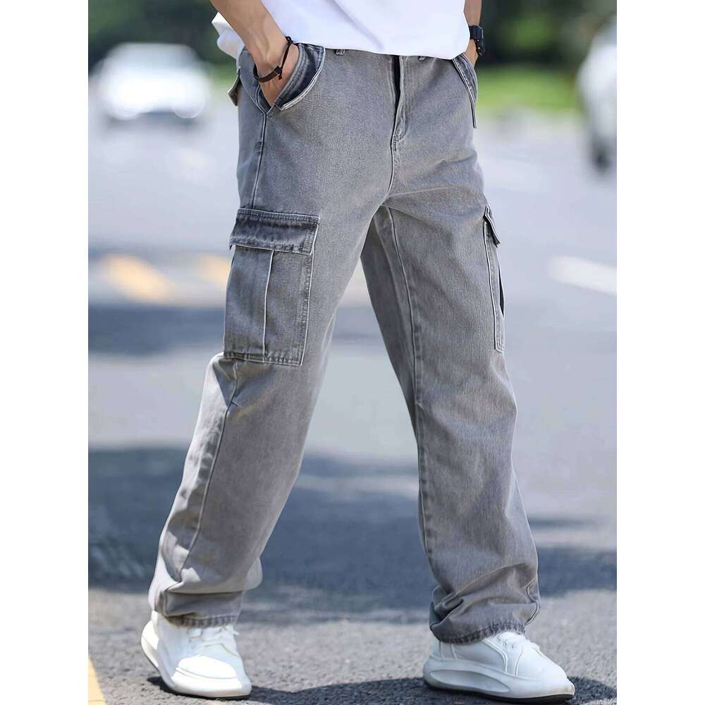Men's multi pocket work straight leg denim pants