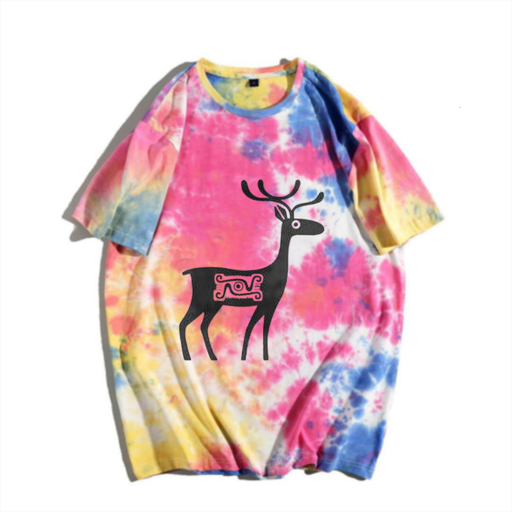 China-Chic New Chinese Traditional Pattern Elk Tie Dyed Short Sleeve T-shirt Rainbow Gradual Change Vintage Beast Print Men's Summer Versatile To