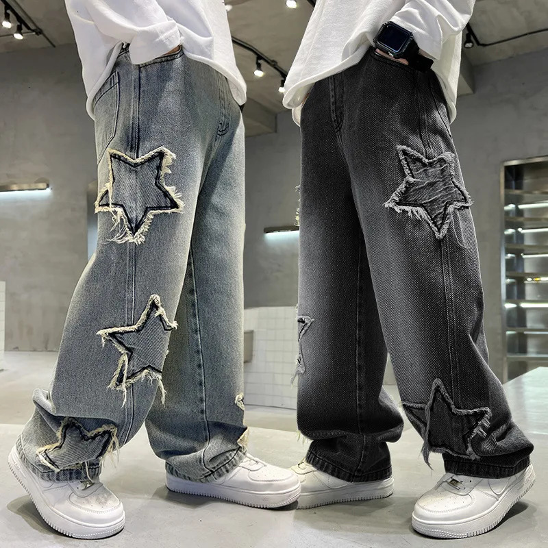 Fashion Teenager Boys Denim Wide Leg Pants Child Trousers Spring Autumn Star Splicing Raw Edge Jeans 514 Yrs Kids 260311