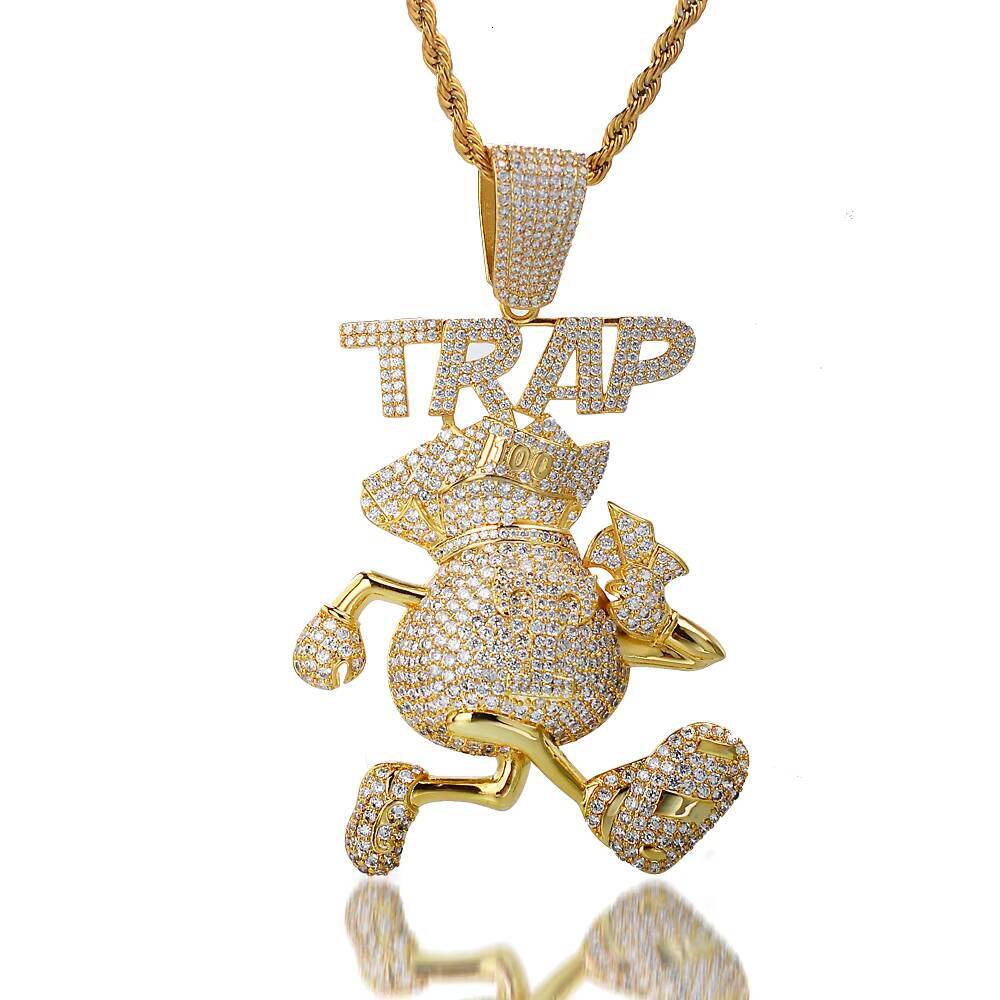 Fashion Jeweller Iced Out Miami Dollar Rich Money Bag With Trap Letter Pendant Necklace