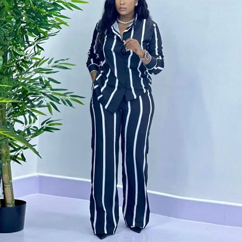 African Fashion Stripe Two Piece Set Women Spring Autumn Casual Button Long Sleeved Shirt Wide Leg Pants Two Piece Set Women 260311