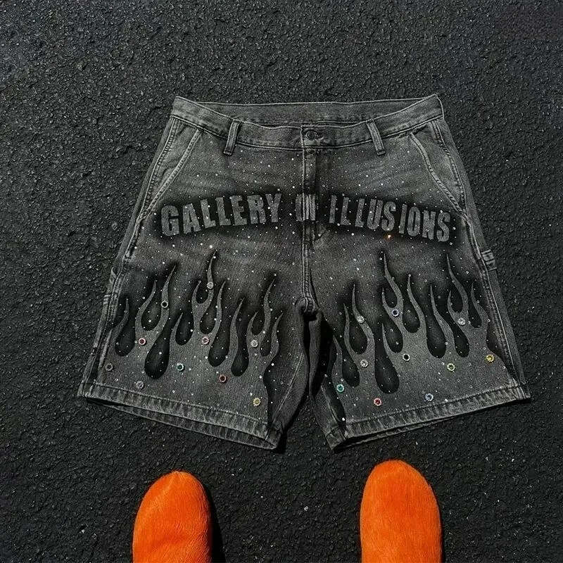 Men's Jeans Fashion Distressed Retro Rhinestone Flame Pattern Printing Casual Washed Denim Shorts Men Women High Waist Streetwear Men's Clot