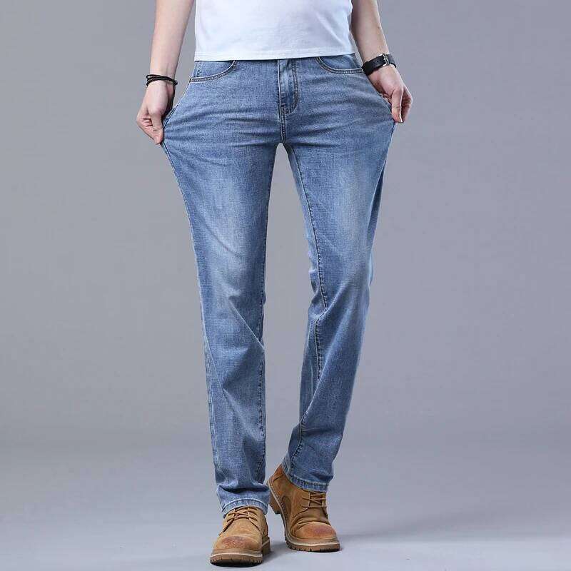 Spring Men's Light Blue Slim Jeans Stylish Casual Stretch Fabric Denim Pants Classic Trousers Smoke Gray 26Y0312