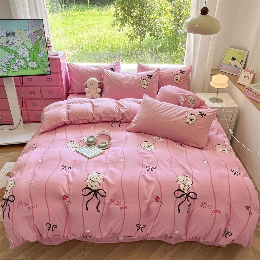 Cartoon Embroidery Bedding Double Sided Printing Duvet Pillowcase Washed Cotton Four-Pieces Set Quilt Cover Bed Sheet H260312