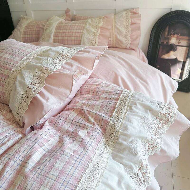 Vintage French Plaid Lace Ruffles 100% Cotton Bedding Duvet Cover Set Bed Sheet/Bed Skirt/Fitted Sheet Pillowcases 4Pcs H260312