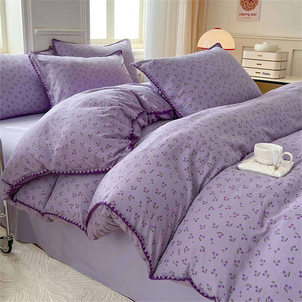 Washed Cotton Duvet Cover Purple Cherry Bed Sheet Pillowcase for Adults and Kids Home Textiles Four-piece Bedding Set H260312