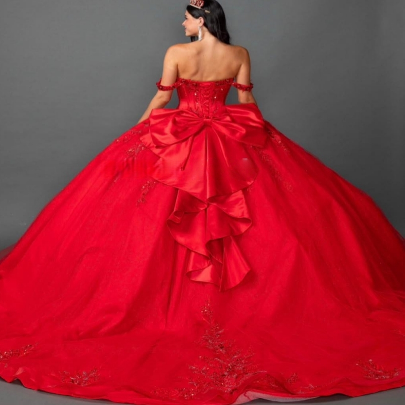 Red Shiny Ball Gown Quinceanera Dresses 2026 Applique Lace Beading Crystal Tull Bow Corset Off Shoulder Sweet 16 Dress Years Vestidos De 15 Anos