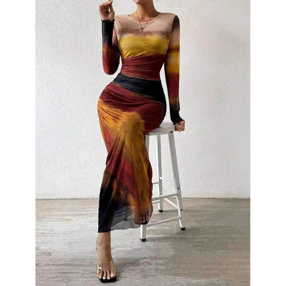 Fashionable Mesh Printed Pleated Sexy Tight Maxi Dress Woman Ruched Bodycon Elegant for Party and Evening C260312