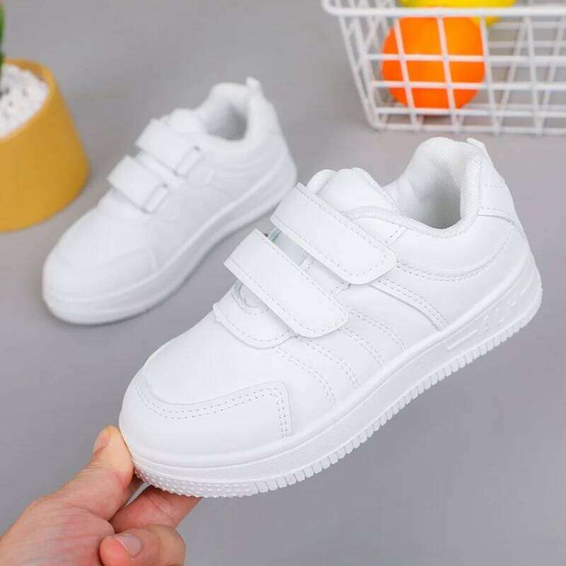Child PU Material White Sneakers-Spring/Summer Unisex Soft-Soled Casual Slip-On Shoes for Primary Students, Comfort and Breath H260312