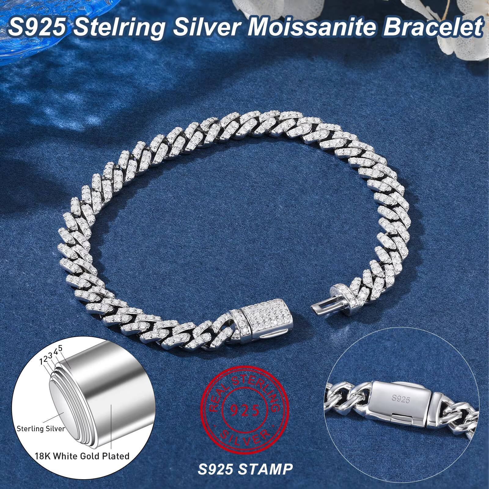 6mm White Gold 925 Sterling Silver VVS Moissanite Diamond Cuban Link Chain Bracelet Iced Out Mossanite Jewelry for Men Women