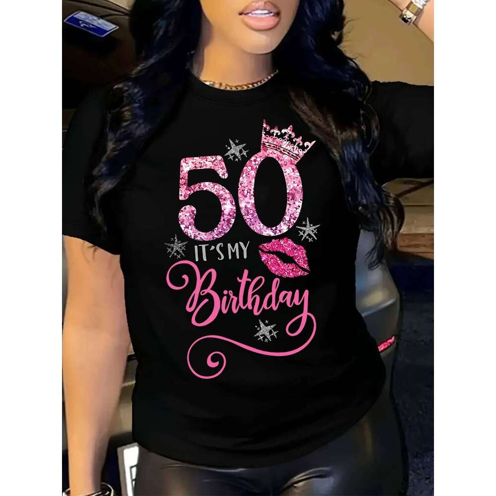 Chic 50th Lips Print T-Shirt - Casual Crew Short Sleeve Top for Women & Summe Round Neck Birthday Z260312