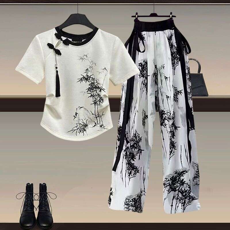 New Women's Clothing Set: 2024 New Chinese-Style Buttoned T-Shirt And Slim-Fit Casual Pants Two-Piece Set Asia Size