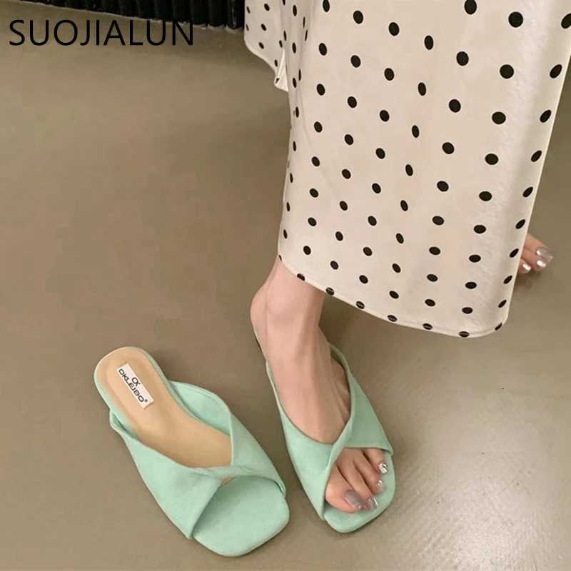 SUOJIALUN 2025 Summer New Candy Color Women Slipper Fashion Open Toe Slip On Slides Soft Flat Heel Outdoor Dress Beach Sandal K260312