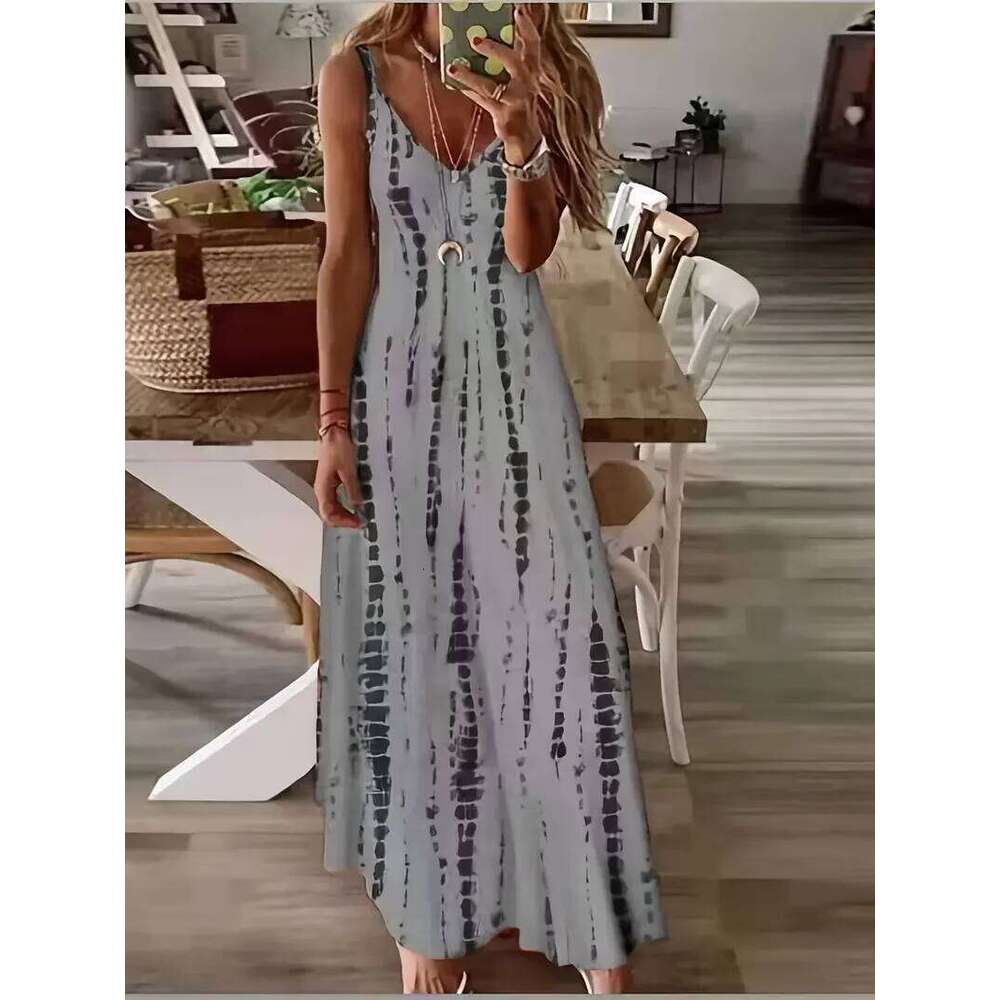 Women's Casual Loose V-neck Tie Dye Printed Spaghetti Maxi Summer Beach Vacation Long Dress C260312