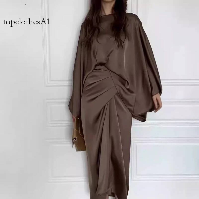 Elegant Women Tie-up Waisted Satin Casual Female O-Neck Draped Long Vintage Solid Color Bat Sleeve Robe Party Dress