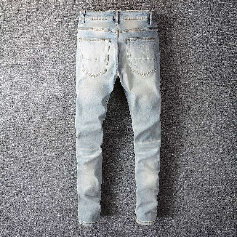 Men Crystal Holes Ripped Patchwork Jeans Streetwear Light Blue Denim Slim Skinny Pencil Pants Trousers 26Y0312