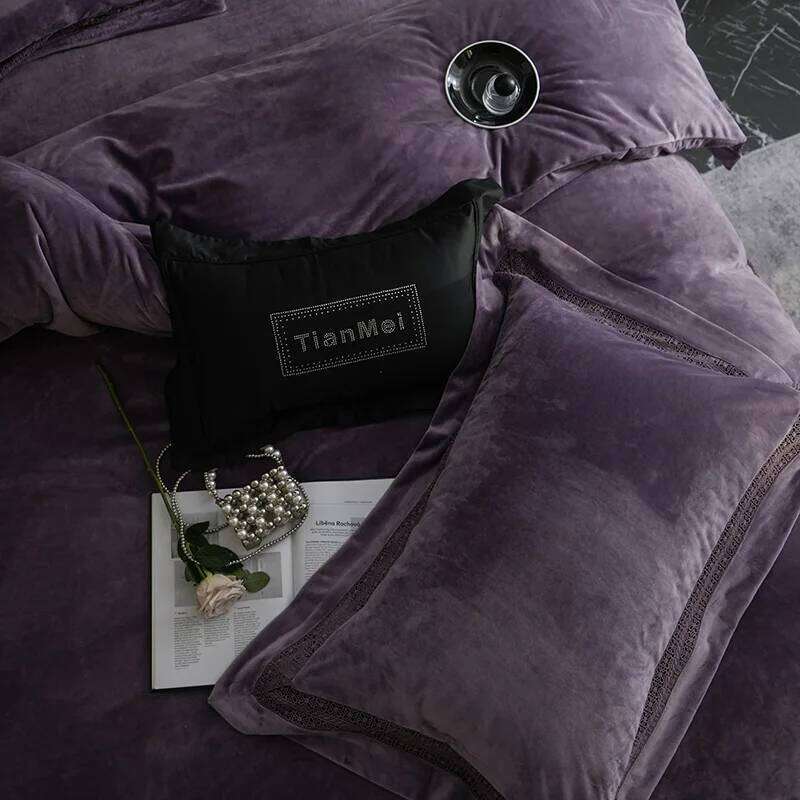 4Pcs Winter Thickened Milk Velvet Purple Bedding Hollow Wide Edge Duvet Cover Set Flat/Fitted Bed Sheet Pillowcases H260312