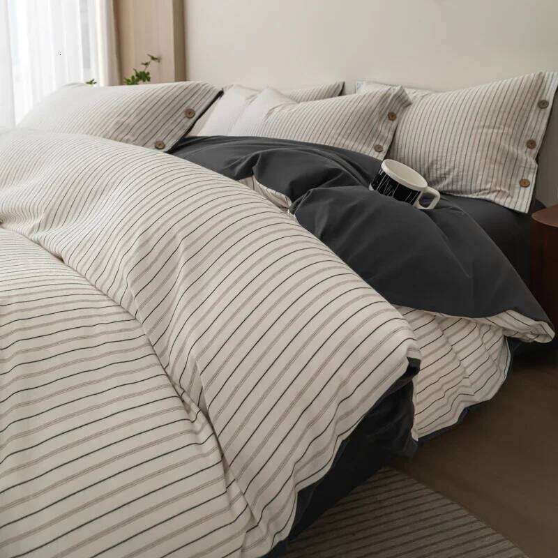 2024 new yarn-dyed small jacquard striped washed cotton simple bedding high-end button bed four-piece set H260312
