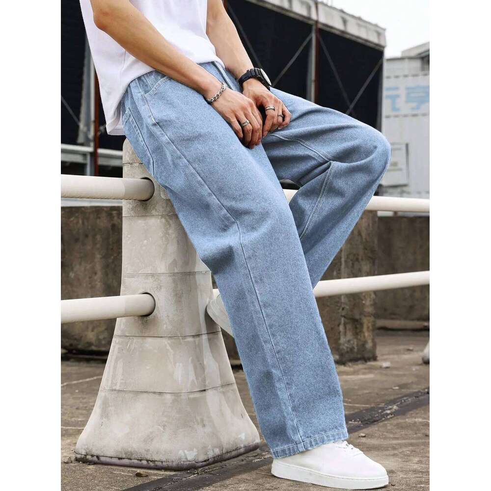 Men's Light Blue Washed Wide-Leg Jeans, Loose Straight Fit, Trendy Casual Style for All Seasons