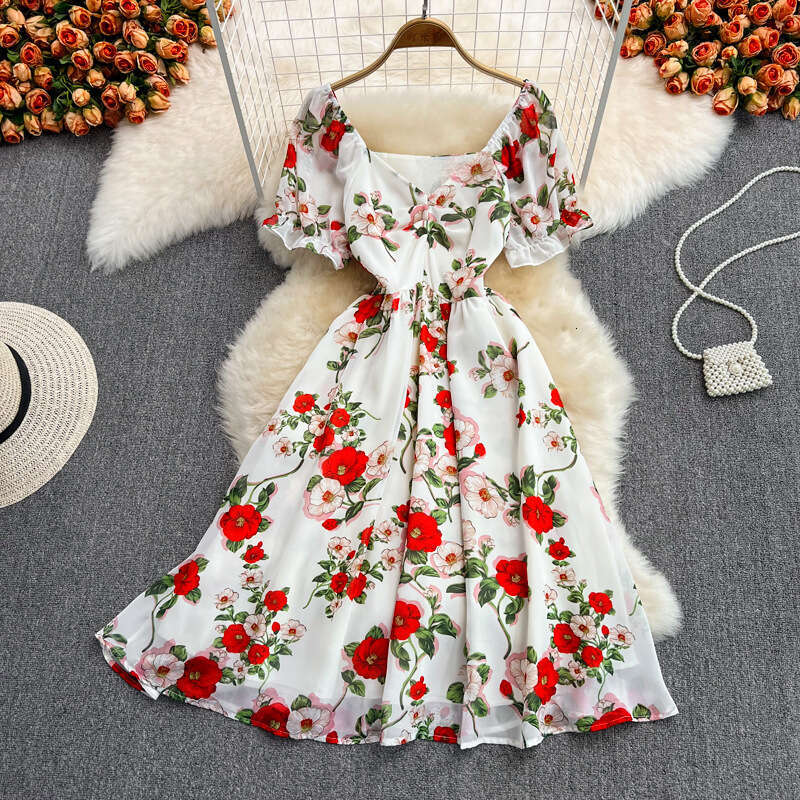 Summer new gentle and a18 elegant mid waist V-neck floral chiffon dress, super fairy like first love orange tone