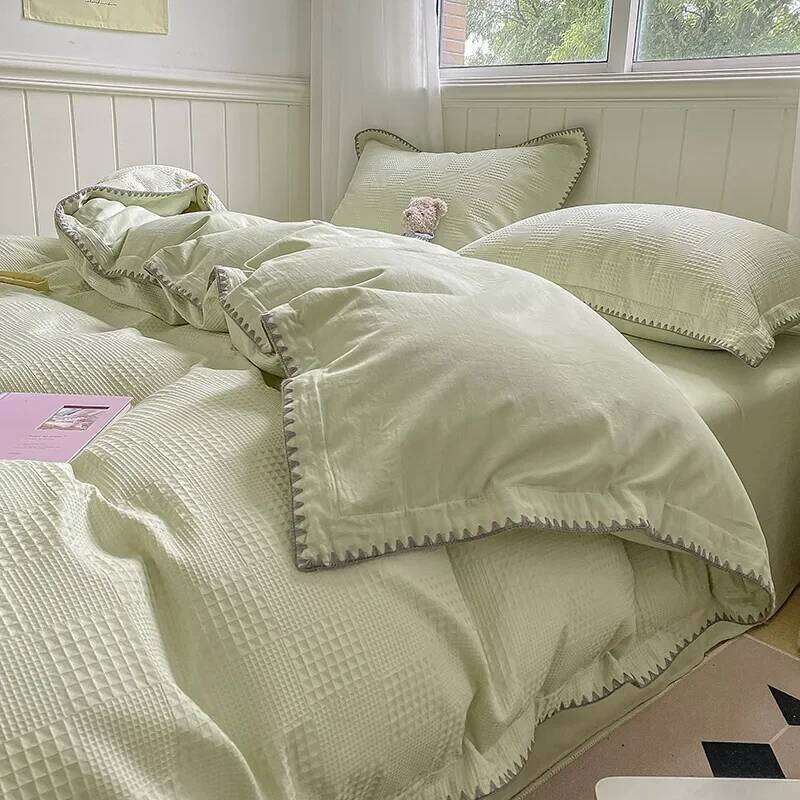 Class A Waffle Jacquard Four Piece Set with 100 Thread Count Washed Pure Cotton Bed Sheet and Quilt Cover H260312