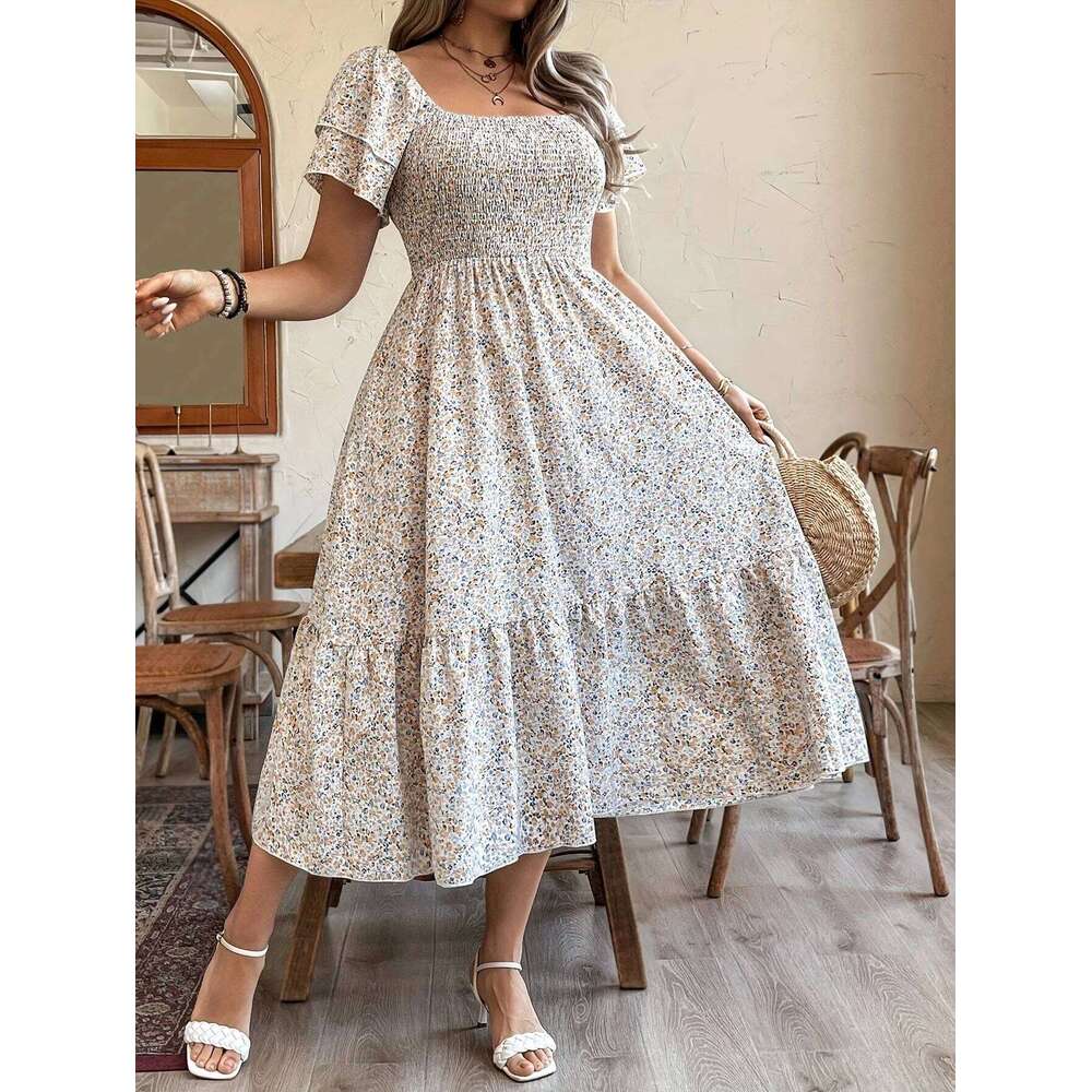 plus Size Romantic Floral Print Square Neck Elastic Waist A-Line Hem Sleeve Long for Women Holiday Casual Dress C260311