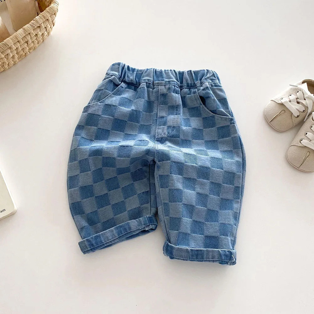 2026 Spring 15Y Children Jeans Boys Denim Pants Mid Waist Girls Trousers Fashion Kids Plaid 260311