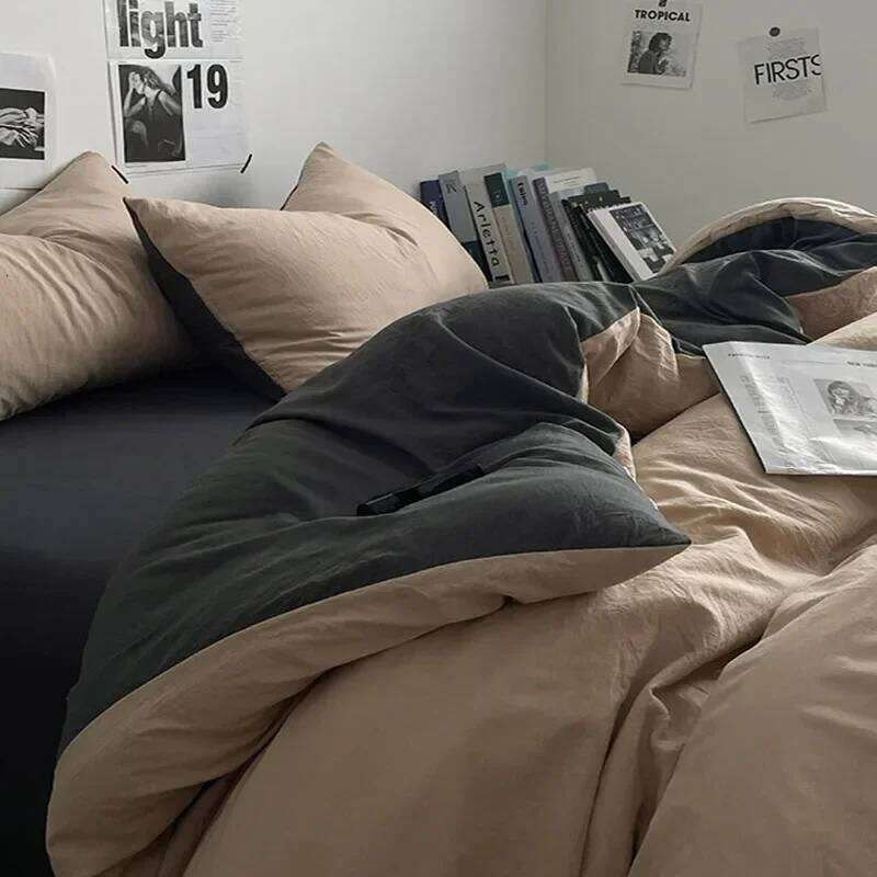 3-4Pcs Cotton Fabric Bedding Set Solid Soft Smooth Bed Sheet Comforter Cover Sets with Fixed Rope Same Color Pillowcase H260312