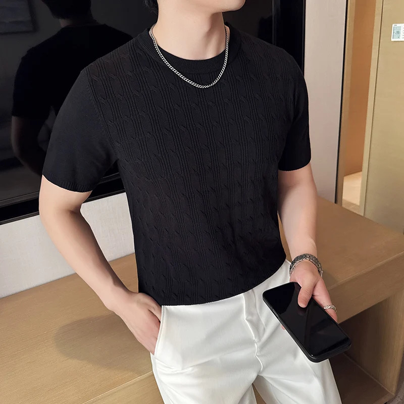 Summer Breathable T-Shirts for Men Korean Clothing O-Neck Short Sleeve Knitted Mens T Shirt Fashion Hollow Tops Tees 4XL 260311