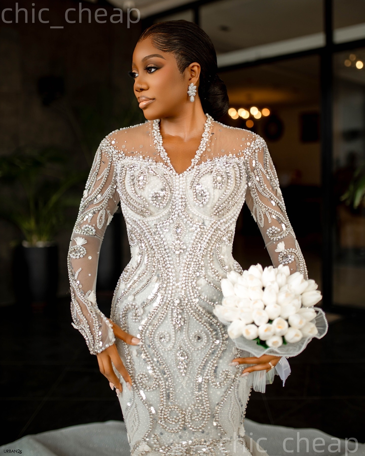African Aso Ebi 2026 Ivory Mermaid Wedding Dress Crystals V-neck Full Sleeves Pearls Sequined Lace Luxurious Sparkly Bridal Gowns Dresses ZJ2387