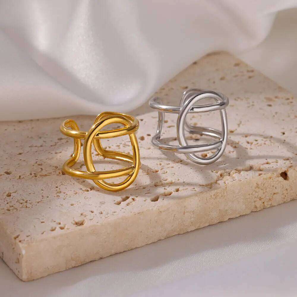 Geometric Double Layer Opening Rings for Women Gold Color Stainless Steel Wedding Adjustable Finger Ring Waterproof Jewelry Gift H260312