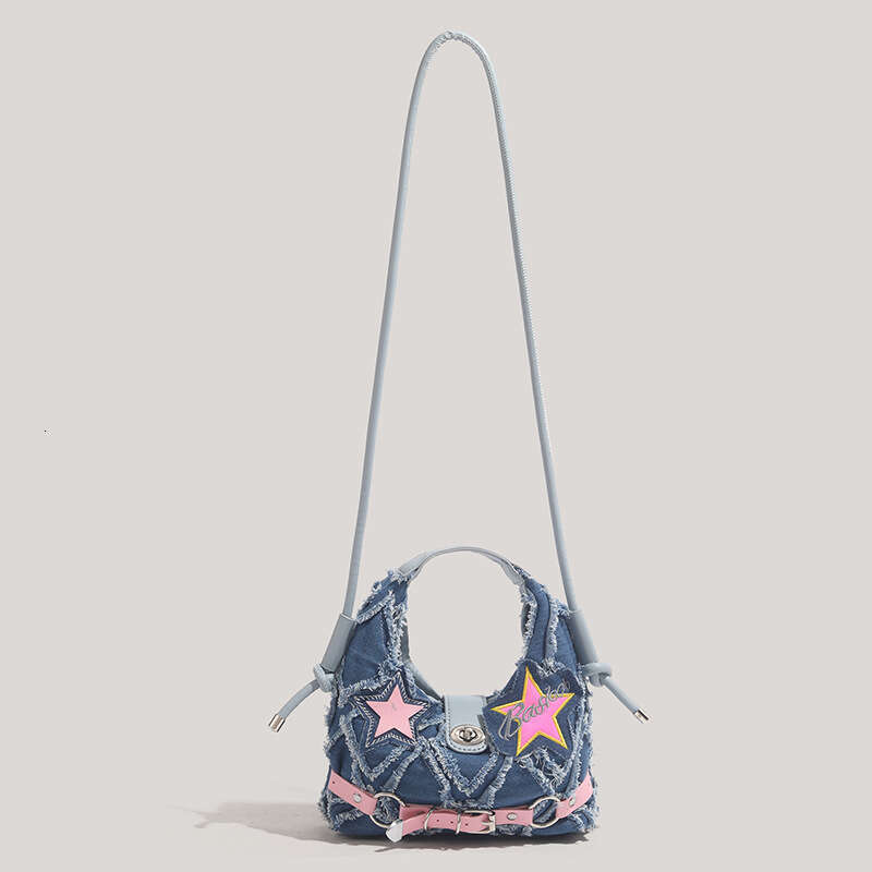 CHARHP&KEJNT Genuine 2026 New Hot Girl Pink Five-Pointed Star Patch Design Frayed Edge Denim Crossbody Bag