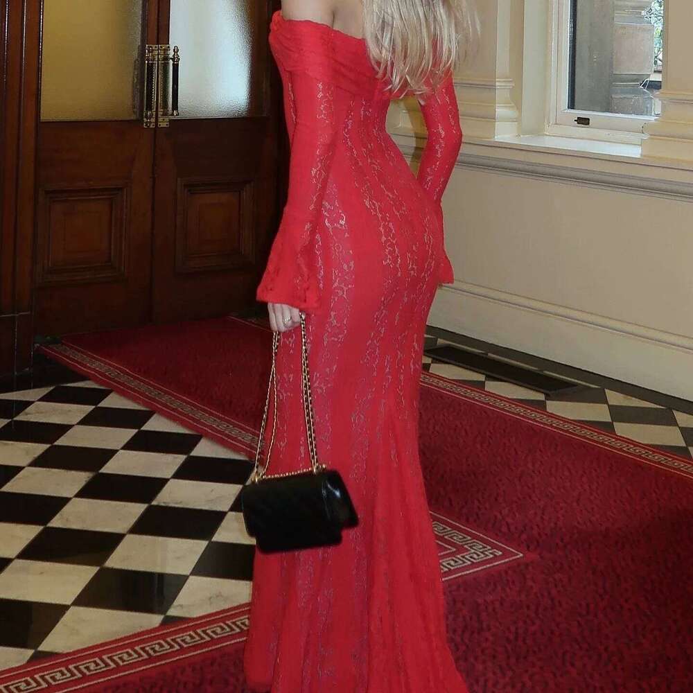 Oligai Autumn Off-Shoulder Maxi Elegant Lace Flare Sleeves Red Evening Party Women's New Arrival 2025 Cocktail Dress C260312