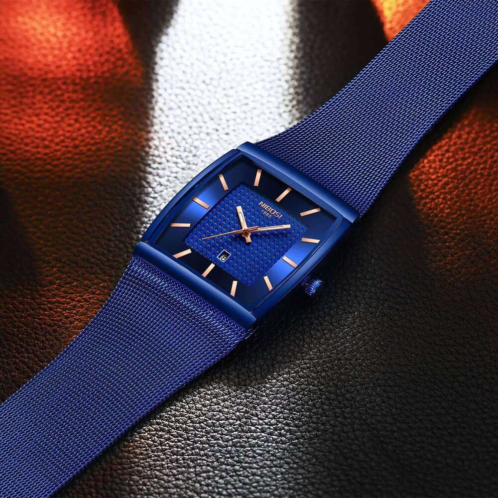 NIBOSI Watches Business Square Military Waterproof Sport Analog Quartz Wrist Watch for Men Stainless Steel Mesh Strap Date