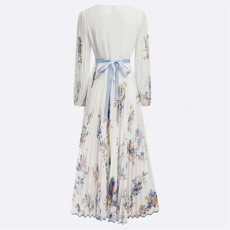 New Spring Summer Ladies Elegant Sexy V-neck Print Long Sleeve Big Swing A-line Holiday Dress Women Maxi Dresses Clothing C260312