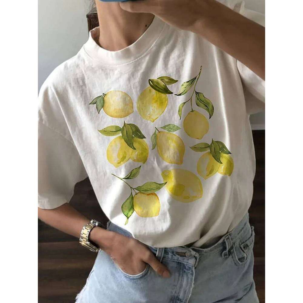 Cute Lemon Fruit T Shirt Short Sleeve Loose Botanical Tshirt Vintage Cottagecore Clothes Women Retro Aesthetic T-Shirts Z260312