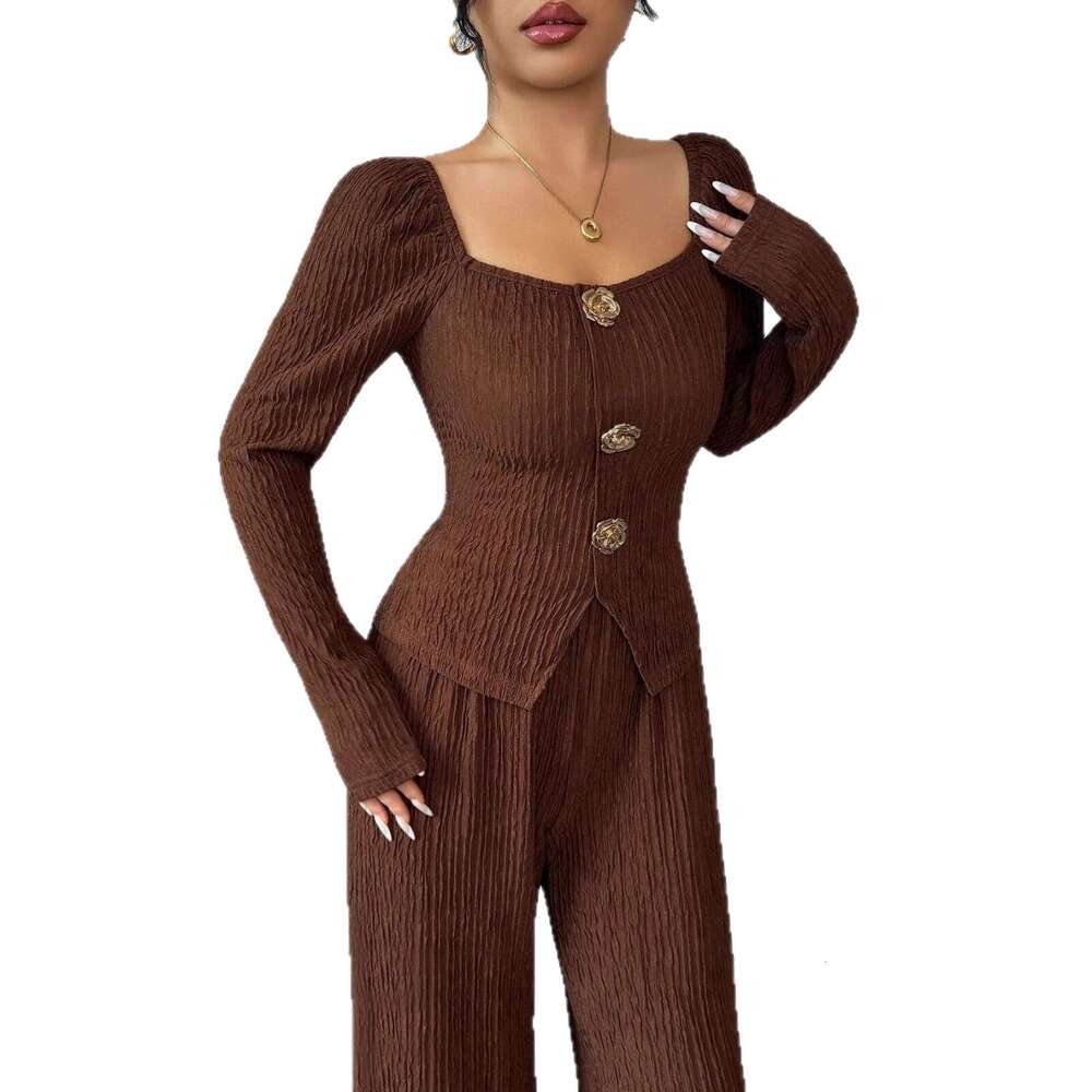 European And American New Style Knitted Textured Solid Color Square Collar Metal Rose Buckle Slim Fit Fashion Suit For Women