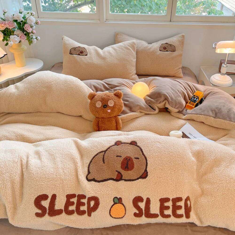 Embroidery Thickened Milk Fleece Bedding Winter Soft Warm Bedroom Decor Quilt Cover Bed Sheet Pillowcase Home Four-Piece Set H260312