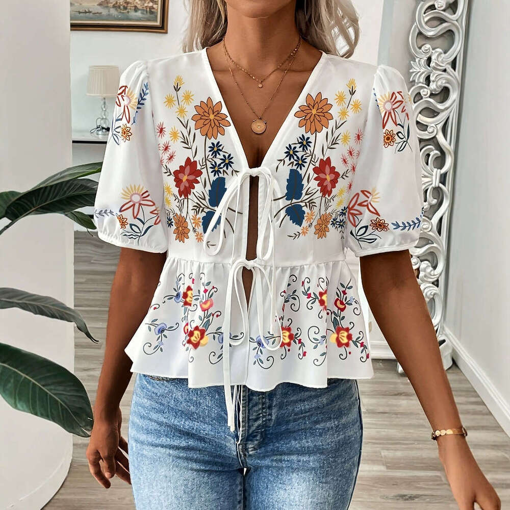 2025 New Fashion Women's Printed V-Neck Tie-Front Short Shirt, Summer Ruffle Blouse Asia Size
