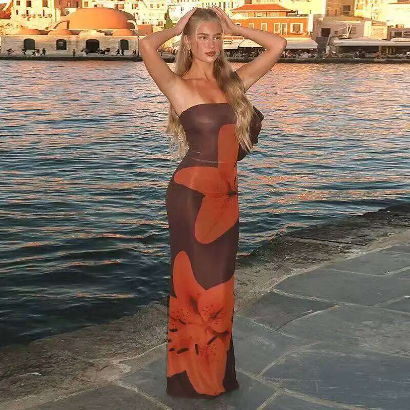 Women's Floral Print Backless Strapless Summer Party Holiday Vacation Beach Streetwear Fashion Sleeveless Long Dress C260311