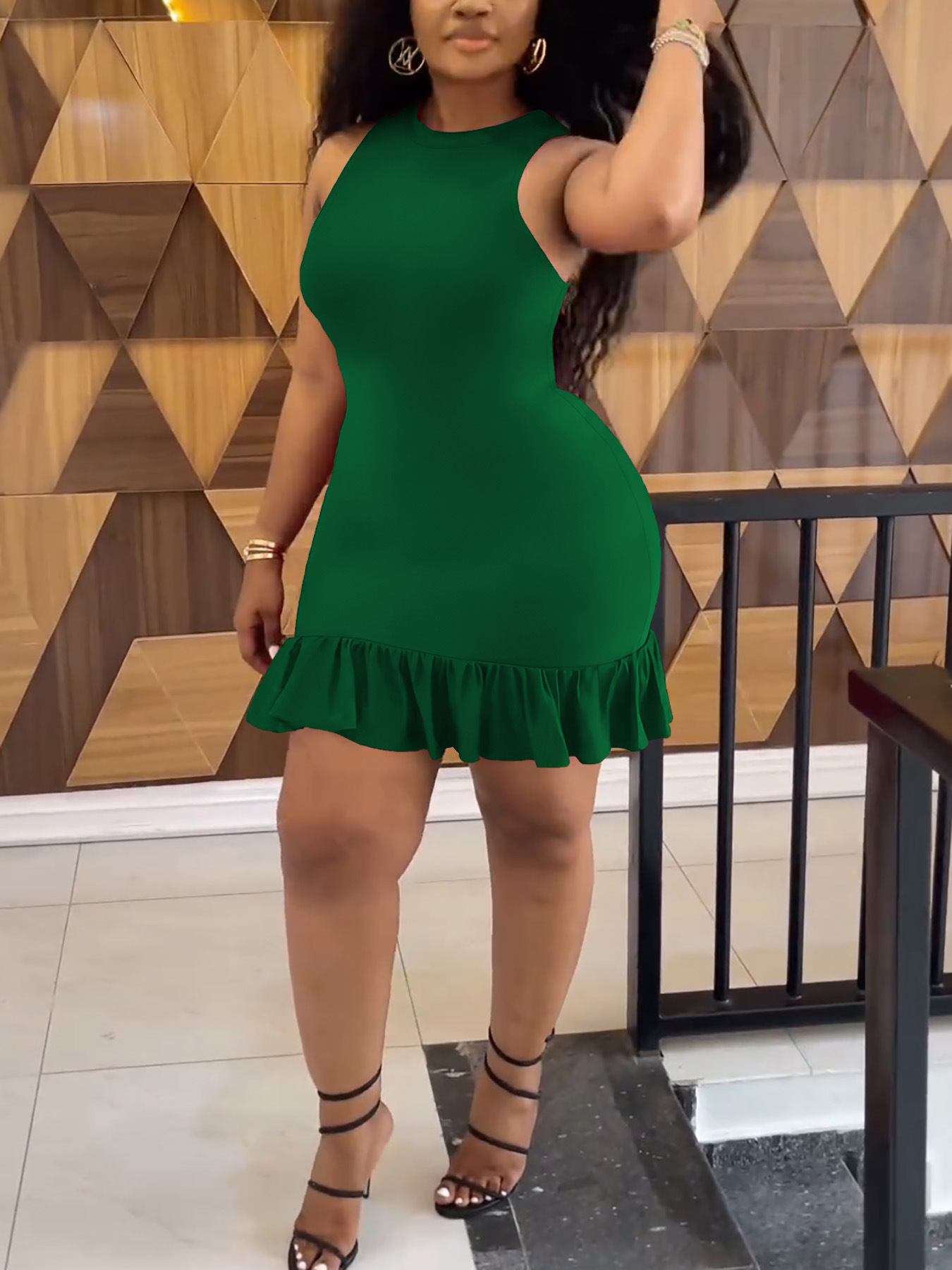 Womens Solid Color Round Neck Ruffle Sleeveless Dress