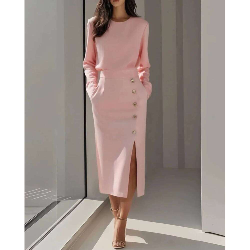 Women's Solid Color Long Sleeves Elegant Midi Dress with Button Details and Side Slit - Crew Neck C260311