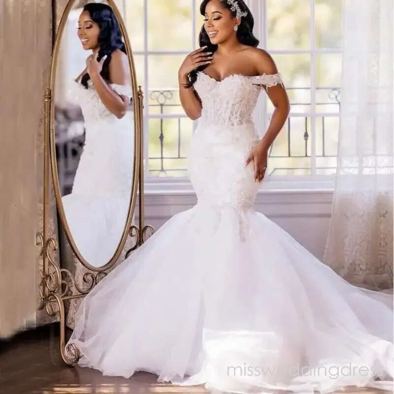 African White Mermaid Wedding Dresses For Bride Off Shoulder Beads Lace Bridal Gowns Vestido De Novia Customized BC18689